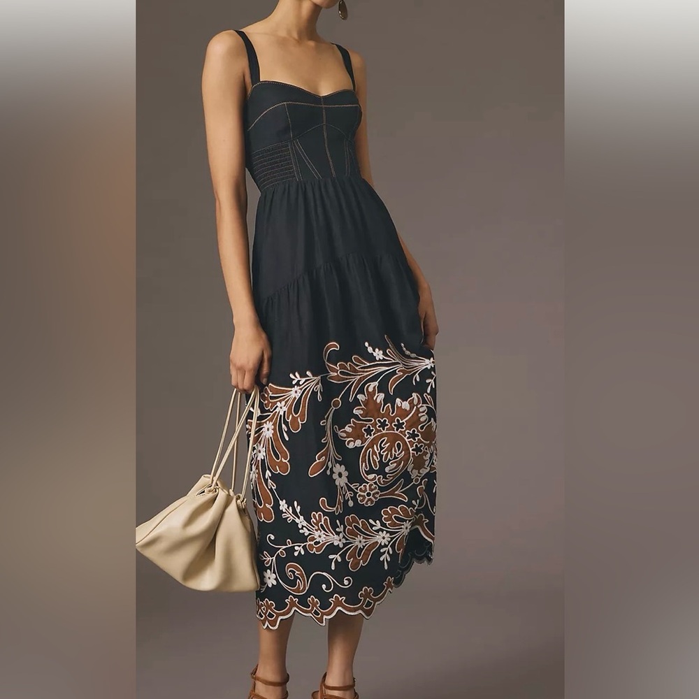 Anthropologie Black Midi Dress with Brown Floral Border